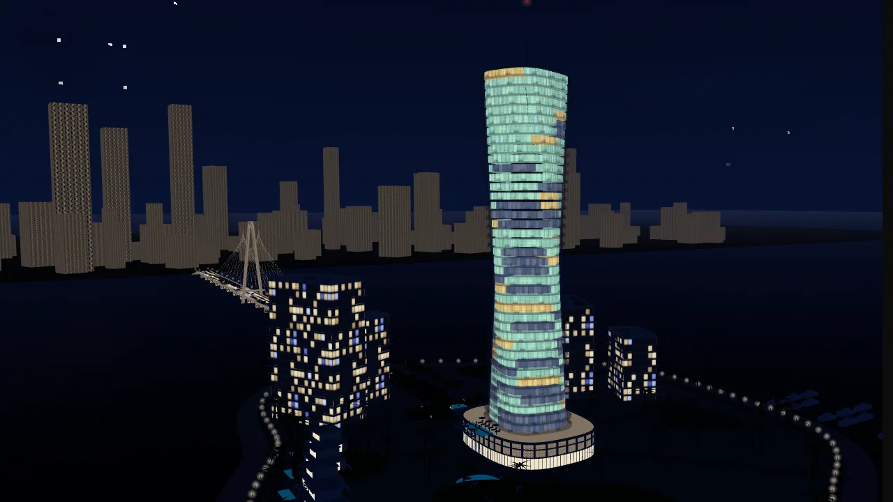 A twisting glass tower on a lagoon island at dusk, its homes glowing green, amber and grey